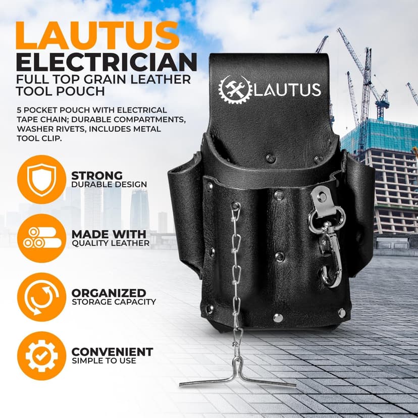 LAUTUS Electrician Full Top Grain Leather Tool Pouch; 5 Pocket Pouch with Electrical Tape Chain; Durable Compartments; Washer Rivets; Includes Metal Tool Clip; Black