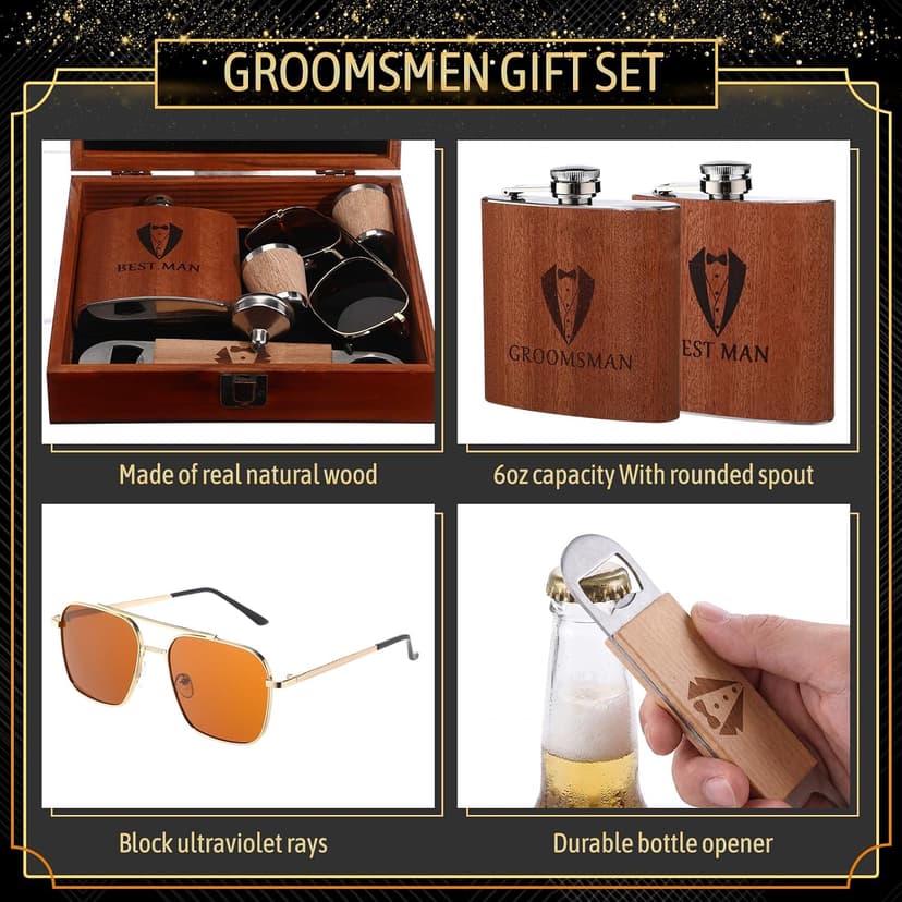 Complete Proposal Gift Set, Box, Flasks, Sunglasses, Funnel, Bottle Opener, Wooden Cups, Bachelor Party Favor 42 Pcs Groomsmen Gifts Set of 6 Wedding Best Man Gift, Brown B0G6ZNR6MC