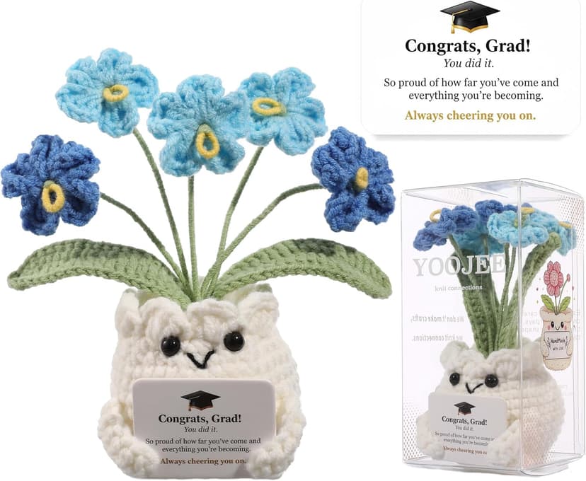 Crochet Forget Me Not Graduation Gift – Class of 2026 Blue Flowers with Card “Congrats, Grad! You Did It.”, Meaningful Gift for Student, Senior, Keepsake Desk Decor B0GMPV8Q35