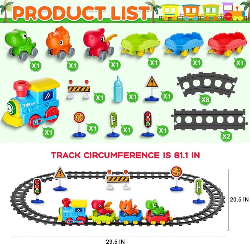 Train Set for Toddlers w/Steam, Music & Lights - Electric Train Toys for Kids w/Tracks Accessories, Including 3 Dinosaur Car and 3 Trailer; Gifts for 1-3 4 5 6+ Years Old Boys Girls