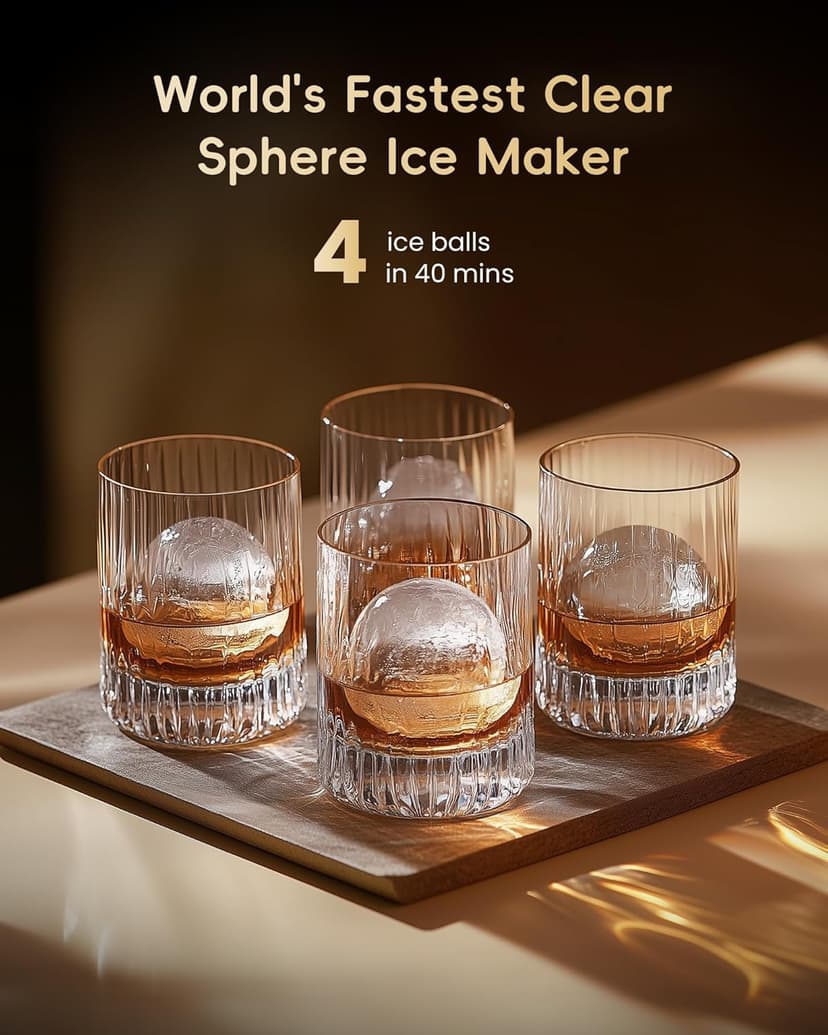 ecozy 2" Ice Ball Maker Countertop,Clear Sphere Ice Maker Machine with CrystalFlux Technology, 4 pcs in 40 Mins, 144 pcs/Day, Enhanced Insulation, Auto Water Supply, Self-Cleaning for Whiskey