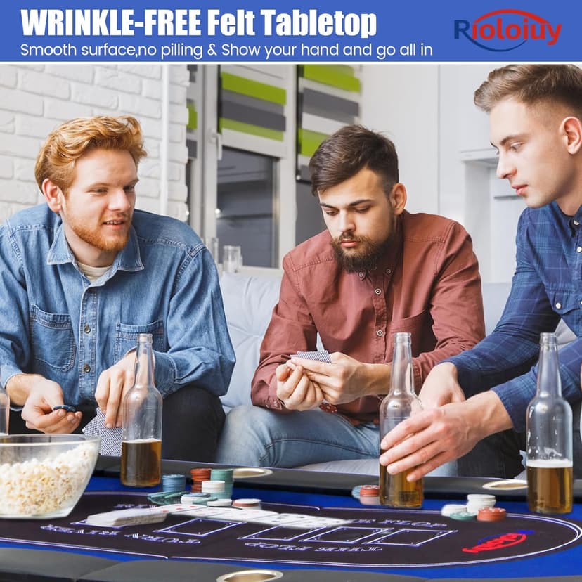 Rioloiuy 8 Player Poker Table Foldable, Texas Holdem Casino Table with Padded Rails & Cup Holders, Portable Folding Game Table for Home or Game Room, 71 Inch