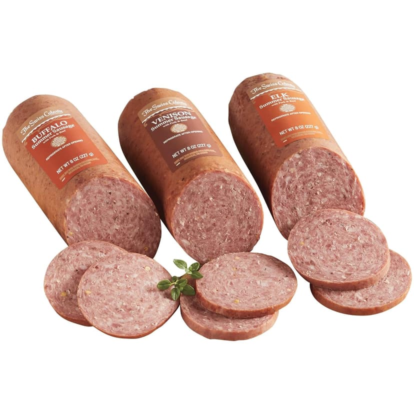 The Swiss Colony Wild Game Sausages – Elk, Buffalo, and Venison Meat with Pork and Beef Blend, Hardwood Smoked Summer Sausage Gift Basket for Adults and Men, Charcuterie Food Item, 1 lb. 8 oz.