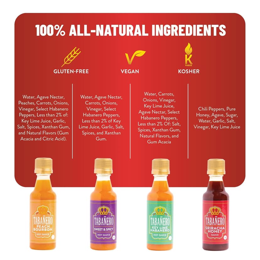 1.7 oz Mini Glass Bottles, Kit Includes Peach Bourbon, Key Lime Habanero, Sweet & Spicy, All Natural, Gluten Free, Low Sodium Tabañero Variety Hot Sauce Gift Set, Kosher, Sriracha Honey, 4-Pack B0CN9P7XD7