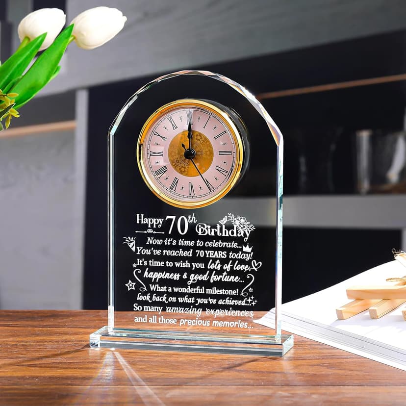 Ornalrist Happy 70th Birthday Glass Clock Gifts for Women, Men - 70 Year Old Birthday Keepsake for Mom, Dad, Parents Home Decor (8.3'' Gift Boxed)