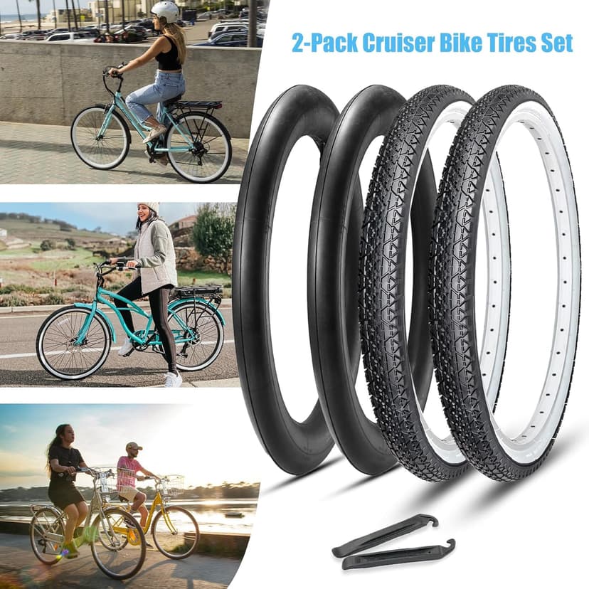 26x2.125 Cruiser Bike Tires: MOHEGIA 2-Pack 26 Inch Folding Tires with Pair Bike Tubes & Tire Levers Replacement Set for Beach Cruiser and Urban Commuting Bicycle