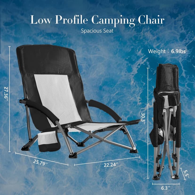 DUMOS Low Camping Beach Chair, Lightweight Folding Portable Beach Chair with Cup Holder, Storage Pocket, Breeze Mesh Back, Padded Armrests, Low Profile Chair for Camp, Picnic, Lawn, Sand, Black