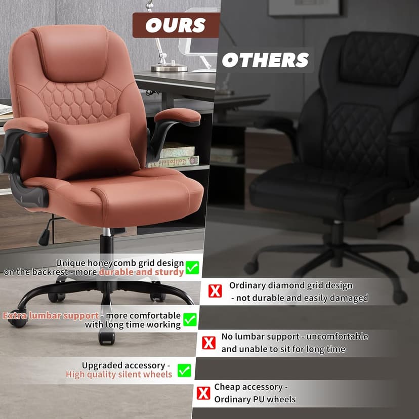 Executive Office Chair PU,Leather Office Chair with Wheels,360° Swivel Rolling Chair with Padded Arms,Ergonomic Computer Chair with Lumbar Support for Short People Use(Brown)