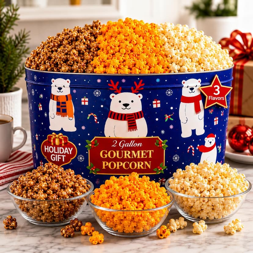 2 Gallon, 3 Flavors Uncle Myron's Christmas Popcorn Tin, 3 Flavors, Holiday Food Gift Basket B0FMZDY4VP