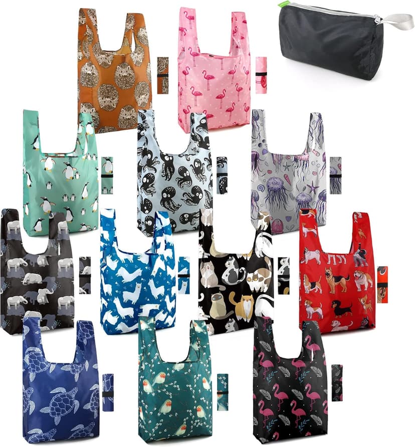 BeeGreen Reusable Grocery Bags Foldable 12 Pack Large Cute Totes - Heavy Duty Washable Holiday Cloth Gifts Bag with Handles, Reusable Gift Bulk Shopping Bags for Groceries for Women Animal Lover