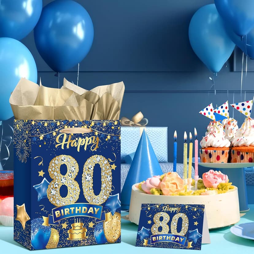 Blue 80th Birthday Gift Bag, Large Navy Blue and Gold Happy 80th Birthday Gift Wrap Bag with Card and 3pcs Tissue Paper for Men Women 80 Years Old Anniversary Party Favors Goodie Wrapping Bag Supplies