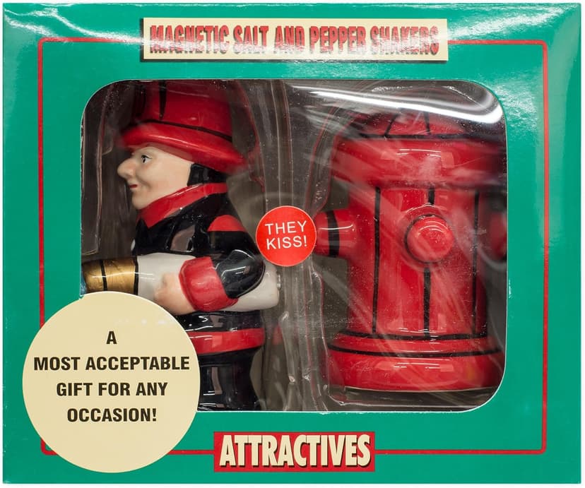 Fireman with Hose and Hydrant 4 Inch Ceramic Magnetic Salt and Pepper Shaker Set Novelty Gift