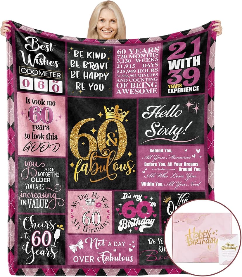 60th Birthday Gifts for Women, 1965 Blanket with Gift Box, Gifts for 60 Year Old Women, Happy 60 Birthday Gifts Ideas, for Woman Turning 60 Decorations 60"x50"