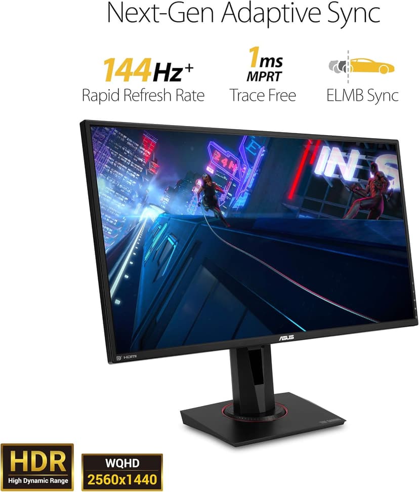 ASUS TUF Gaming 27" 2K HDR Gaming Monitor (VG27AQ) - QHD (2560 x 1440), 165Hz (Supports 144Hz), 1ms, Extreme Low Motion Blur, Speaker, G-SYNC Compatible, VESA Mountable, DisplayPort, HDMI,Black