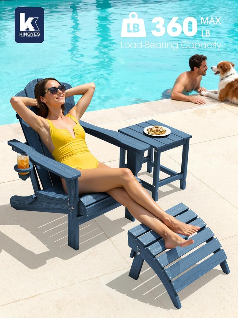KINGYES Folding Adirondack Chair Set of 2, HDPE All-Weather Patio Chairs with Cup Holder, Wooden Textured Fire Pit Chairs Recliner for Poolside, Backyard, Deck, Navy