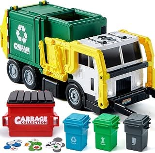 JOYIN Large Friction Powered Garbage Truck Toy Set, Includes 1 Dumpster, 3 Trash Bins, and 30 Learning Cards for Kids, Boy Toys Birthday Gift, Green B095XJDJ8V
