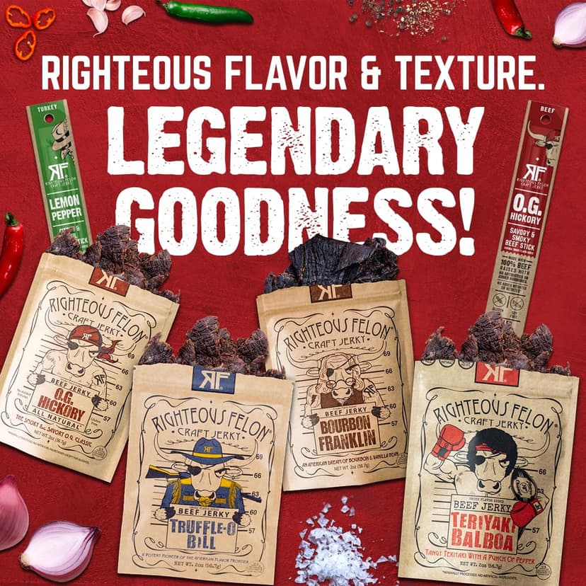 Righteous Felon Savory Beef Jerky Variety Gift Pack - Great Gifts for Men | Gluten Free, High Protein Healthy Snack | Bulk Beef, Pork, & Turkey Jerky Variety Snack Packs | The Savory 6 Pack Sampler