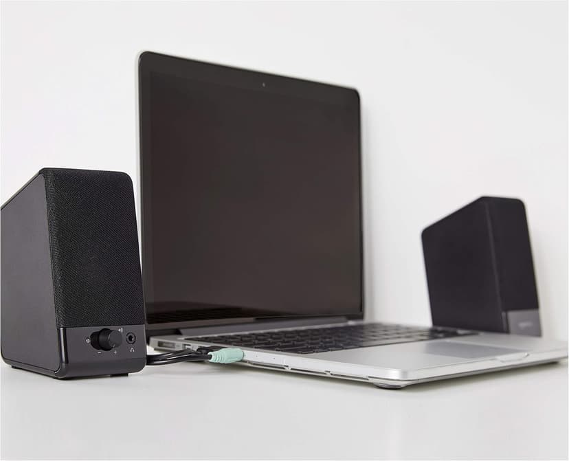 Amazon Basics USB-Powered Computer Speakers with Volume Control for Desktop or Laptop PC, Compact Size, Headphone Jack, Portable, Plug-N-Play, Black