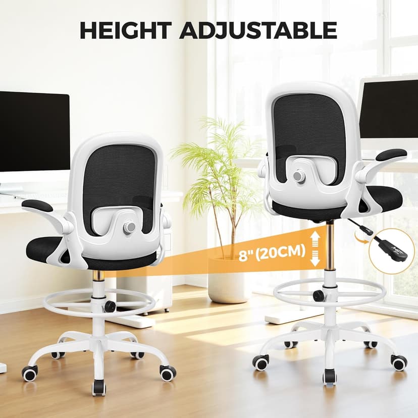 Primy Home Office Drafting Chair - Tall Desk Chair with Flip-up Armrests 3D Lumbar Support, Comfort Drafting Chair with Footrest for Standing Desk, High Chair for Bar Study Work