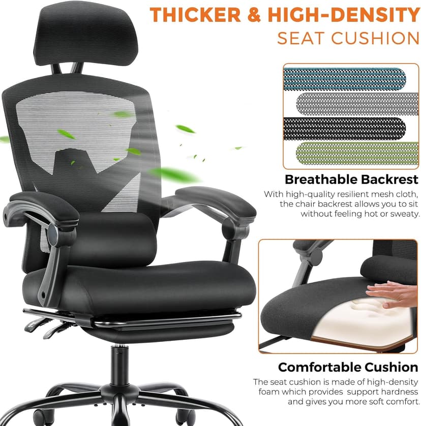 Sweetcrispy Office Computer Desk Chair, Ergonomic High-Back Mesh Rolling Work Swivel Chairs with Wheels, Comfortable Lumbar Support, Comfy Arms for Home, Bedroom, Study, Student, Black