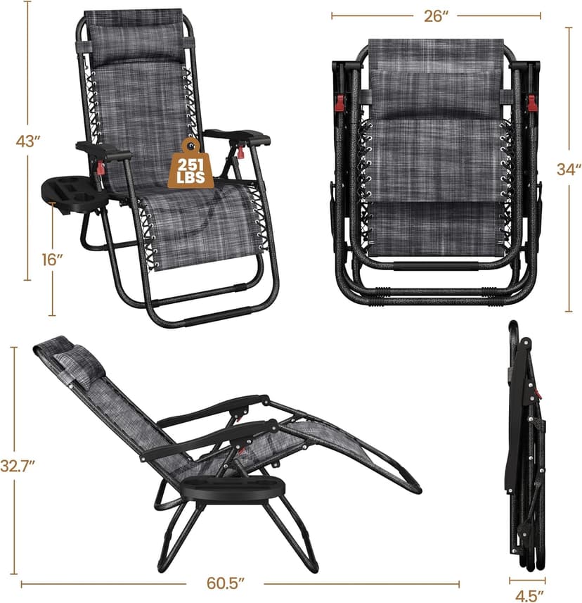 Yaheetech Zero Gravity Recliners Outdoor Adjustable Folding Reclining Lounge Chairs w/Pillows, Cup Holder Trays and Carry Strap for Patio Backyard Beach Gray Set of 2