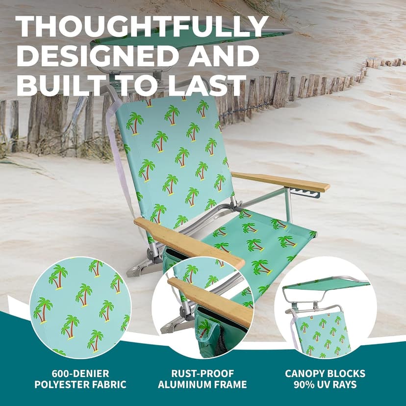 Bliss Hammocks Folding Beach Chair Recliner with Canopy Shade, Palm Tree