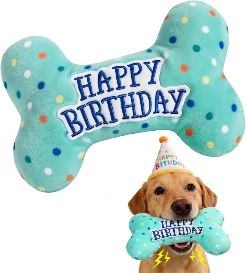 PrimePets Dog Birthday Toys, Plush Dog Squeaky Toys, Stuffed Puppy Chew Toy for Small Medium Large Dogs, Bone Pet Toy B09C5RZ8DT