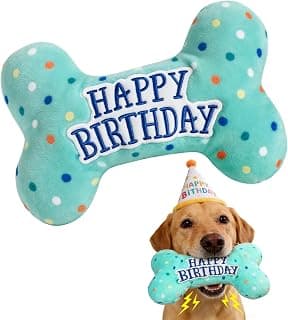 PrimePets Dog Birthday Toys, Plush Dog Squeaky Toys, Stuffed Puppy Chew Toy for Small Medium Large Dogs, Bone Pet Toy B09C5RZ8DT