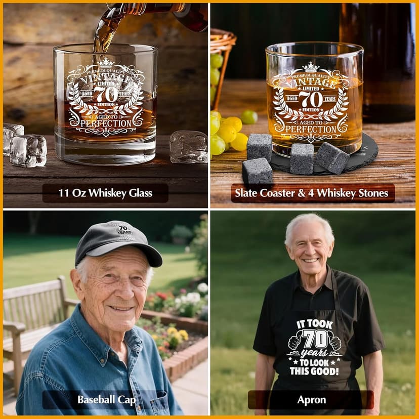 70th Birthday Gifts for Men Whiskey Glass Set, 70th Birthday Party Supplies with 11 Oz Whiskey Glass Coaster Stone Baseball Cap Apron Sock Funny Toilet Paper Keychain for Him, Dad, Husband, Friends