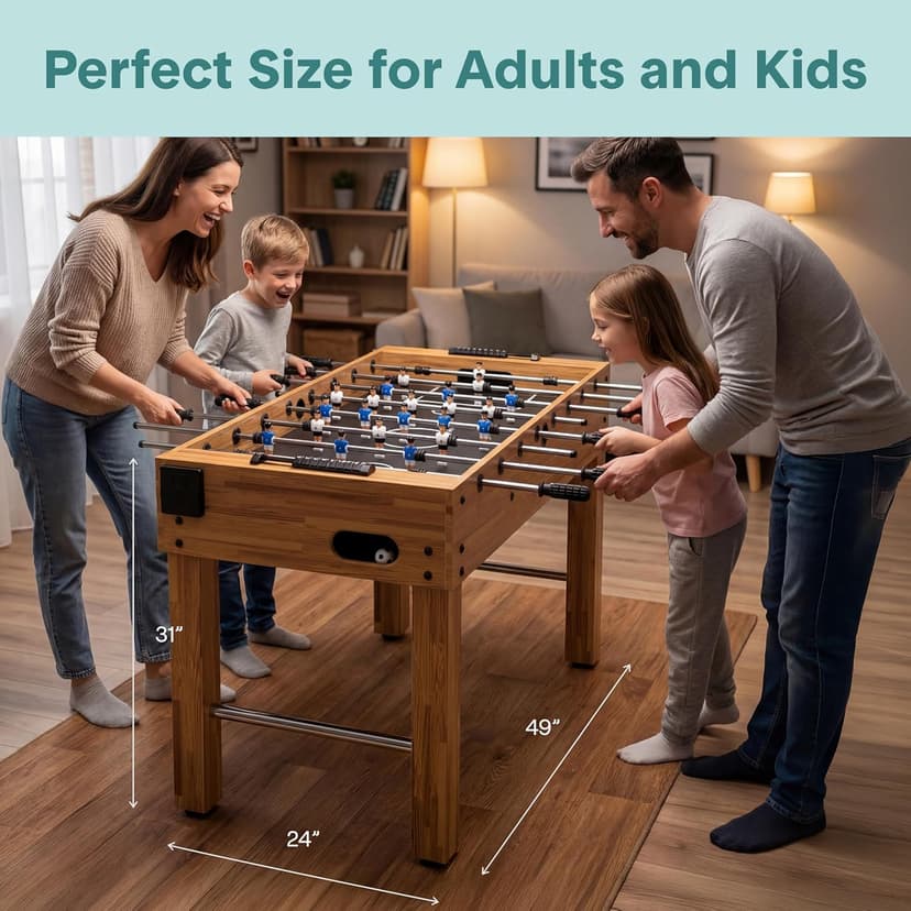 SereneLife 48in Competition Sized Foosball Table - Height Adjustable Arcade Soccer Set for Home, Game Room, Man Cave - Includes 2 Balls & 2 Fold-Out Cup Holders, Natural