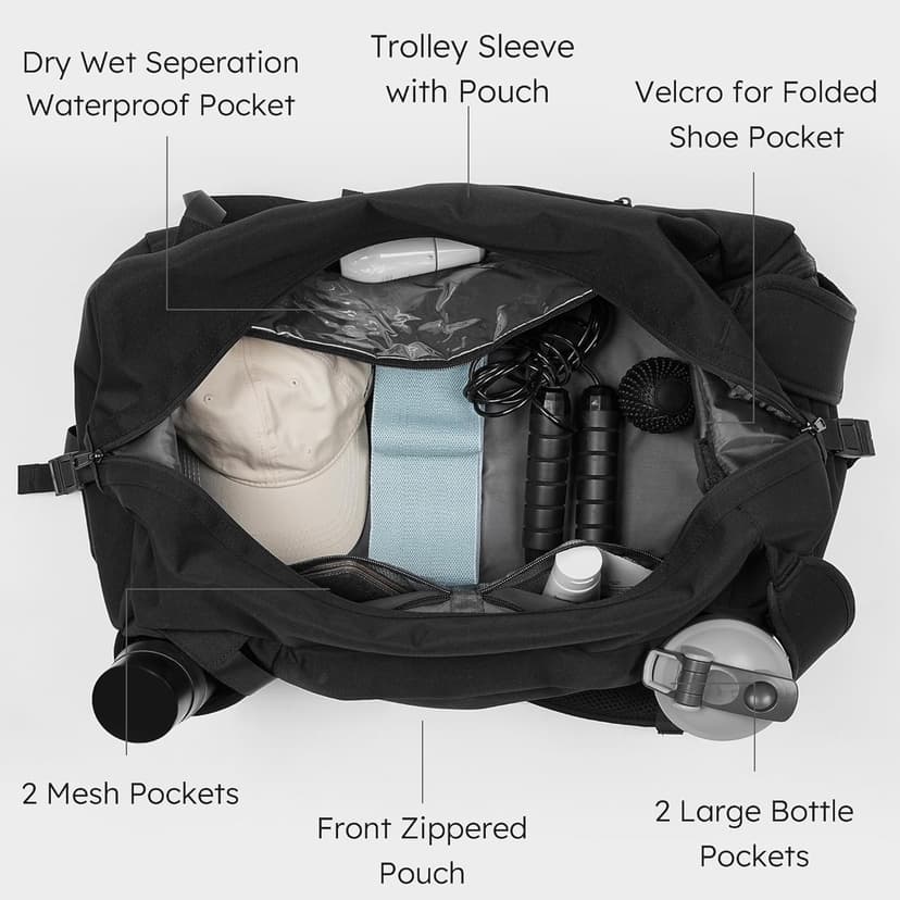 kookoomia Gym Bag for Men with Shoes Compartment and Wet Pocket Convertible Duffle Bag and Gym Backpack Waterproof Sports Bags for Men with 2 Bottle Holders Multipurpose Weekender Overnight Bag -Black