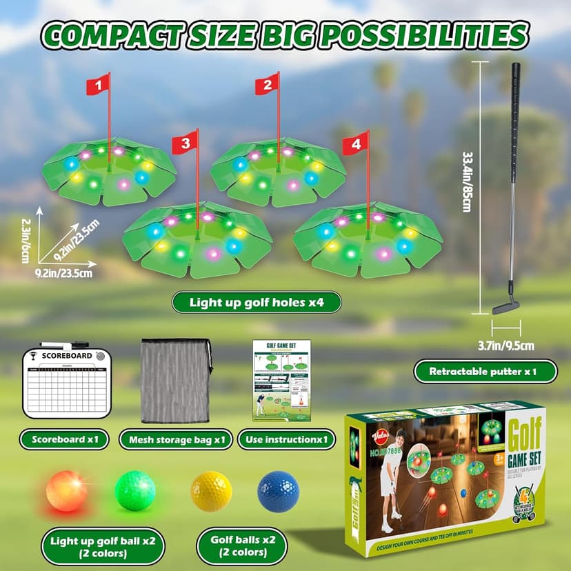 VATOS Light up Golf Putting Game Set - Glow Mini Golf Toy with 4 LED Holes, 4 Balls(2 Glow), Extendable Putter,Build Your Own Course at Home Indoor Outdoor Family Fun Golf Gifts for Kids Adults Golfer