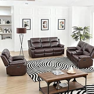 Saxum Tegmen Living Room Furniture Sets, Leather Recliner Sofa, Sectional Sofa Set with Convertible Table & Cup Holders, 3 Pieces Furniture for Living Room/RV/Office (3 Pieces Set, Brown Leather)