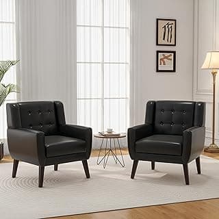 Accent Chair, Mid-Century Modern PU Leather Chairs with Arms for Living Room, Comfy Upholstered Club Single Sofa Armchair for Bedroom Waiting Room with Solid Wood Frame(Leather Black, Set of 2)