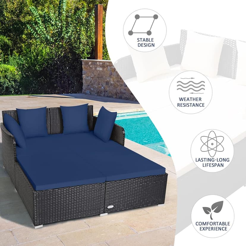 Tangkula Outdoor Rattan Daybed, Sunbed Wicker Furniture w/Spacious Seat, Upholstered Cushion & High-Resilience Sponge, Wicker Patio Sofa Set w/Extra Pillows for Courtyard Poolside (Navy)