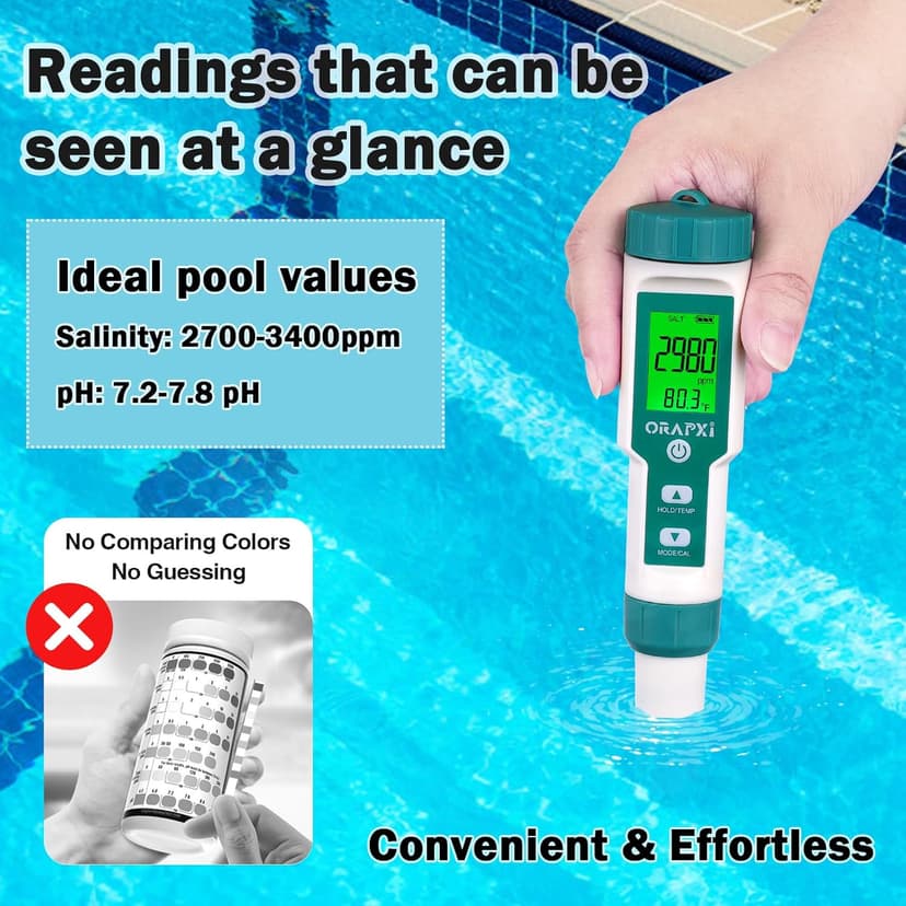 Pool Salt Tester ORAPXI pH and Salt Meter for Saltwater Pool pH and Salinity Digital Tester 5 in 1 Salt Meter for Swimming Pools Hot Tubs and Swim Spas