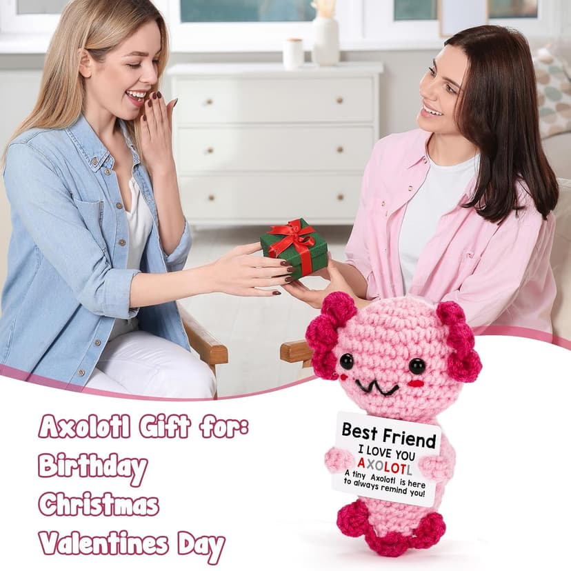 Friendship Gift Crochet Axolotl, Tiny Handmade Present for Best Friend, Sisters, Coworker Work Bestie, Funny for Birthday, Valentines, Christmas, Easter, Mother's Day, Graduation