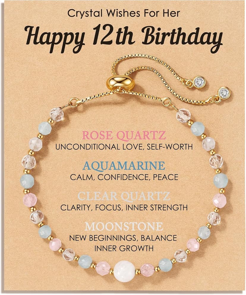 Moonstone Rose Quartz Aquamarine & Clear Quartz, Adjustable Bolo Chain, Birthday Blessing Card & Pouch for Teens Tweens HGDEER Her Milestone Birthday, Crystal Wishes Bracelet Gifts for Girls B0GR99N15M