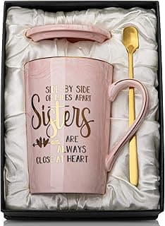 14oz Pink Marble Coffee Mug with Gold Print, Lid, Spoon, Greeting Card and Elegant Gift Box, Present for Big Sister Sister Birthday Gifts for Sister from Brother Sisters, 14oz Sisters Mug B0855VHN6G