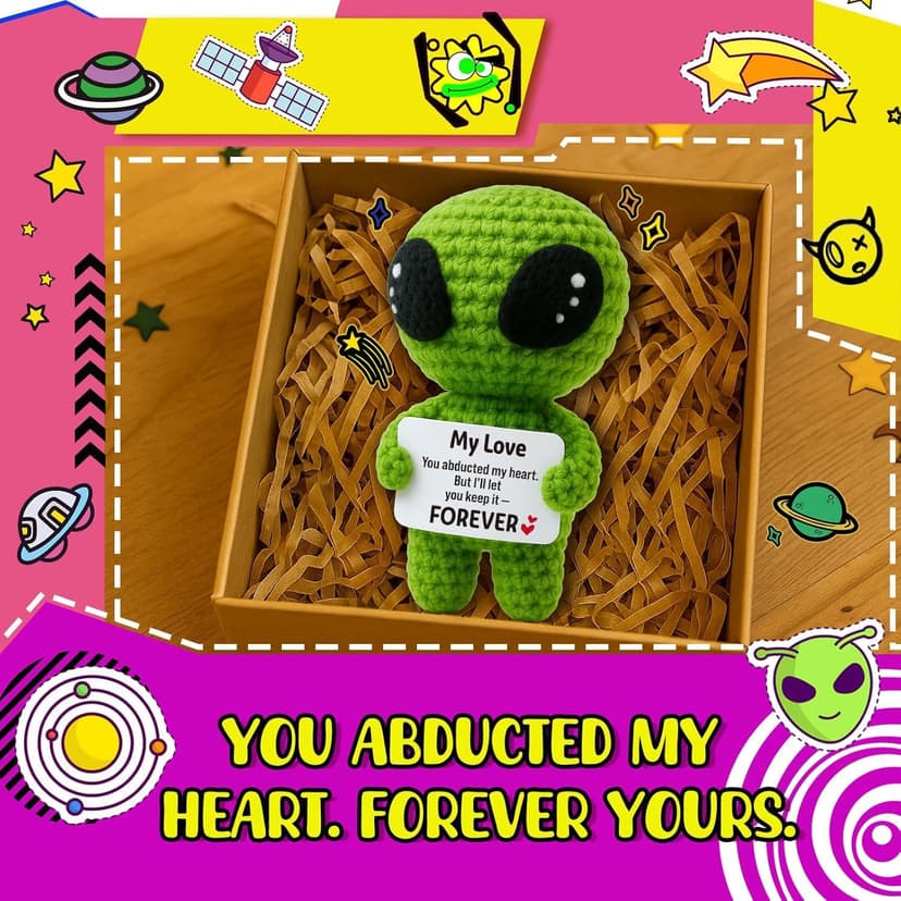 MAMAGIFTREE Romantic Alien Gift for Girlfriend Boyfriend – Handmade Crochet Love Keepsake with “You Abducted My Heart” Message Card – Cute Valentines Day for Her Him Wife Husband B0FM8BPWTP
