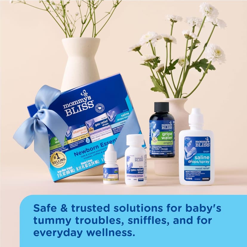 Mommy's Bliss 4-Piece Newborn and Baby Essentials Kit - With Gripe Water, Gas Relief Drops, Vitamin D 400IU, and Saline Drops/Spray - The Perfect Baby Gift.