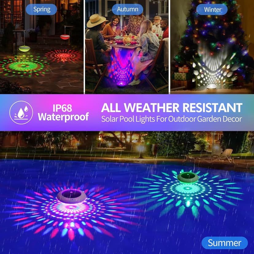 Floating Pool Lights w/Remote, 6.5 Inch RGB Color Changing Solar Pool Lights That Float with 9 Dynamic Lighting, IP68 Waterproof Hangable Solar Floating Light for Pool Garden Weeding Decor(2)
