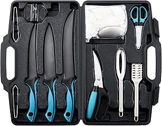 KNINE OUTDOORS Fish Fillet Knife Set Curved Flex 7 inch 9 inch Filet Knife for Filleting and Boning, Non-Slip Handles, Includes Fishing Braid Line Scissors, Fish Dressing Scissors, Filleting Pad