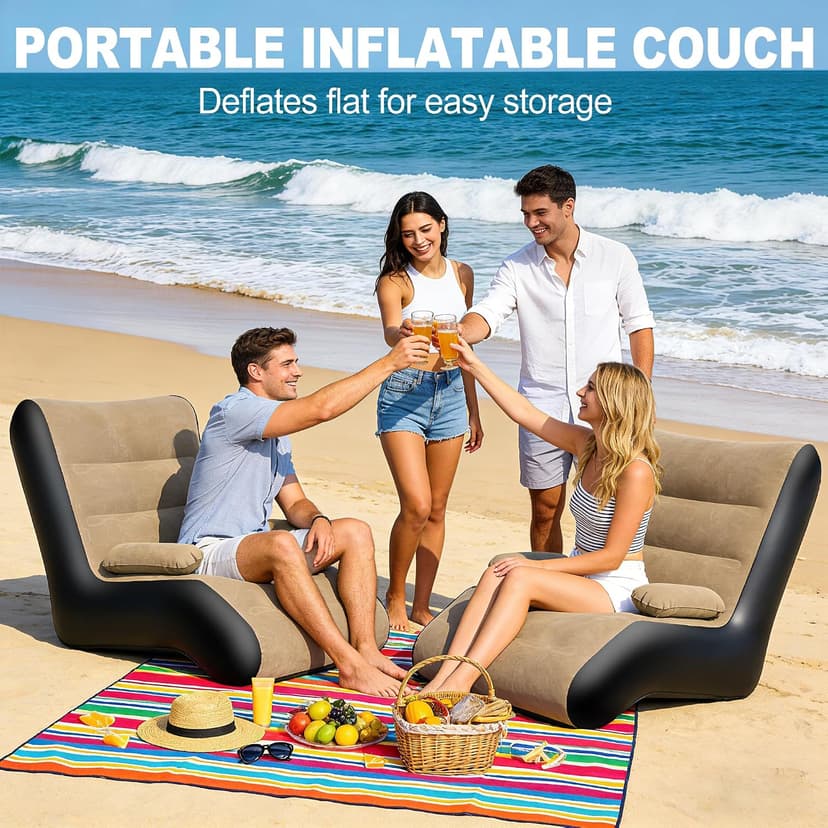 FluSing Inflatable Couch for Camping, Blow Up Couch for Adults with Armrest, Waterproof Flocked Surface Inflatable Sofa Bed Indoor, Portable Inflatable Chairs for Movie Night, Air Sofa Outdoor