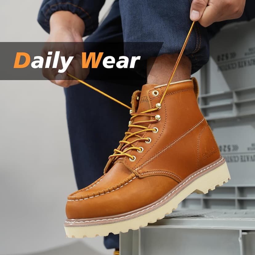 SAFETY LOONG Moc Toe Work Boots for Men Soft Toe Comfortable Full-Grain Leather 6" Non Slip and Water Resistant Safety Ankle Workboots