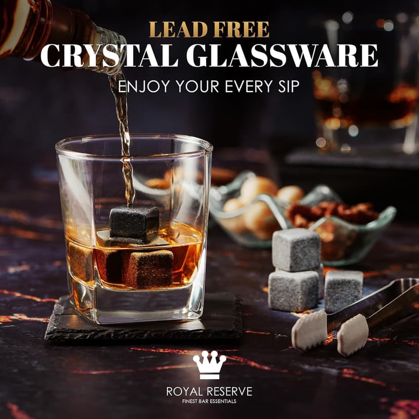 Whiskey Stones Gift Set by Royal Reserve, Artisan Crafted Scotch Bourbon Glasses, Chilling Rocks, Coasters and Tongs – Whiskey Gifts for Men Dad Boyfriend Anniversary or Retirement