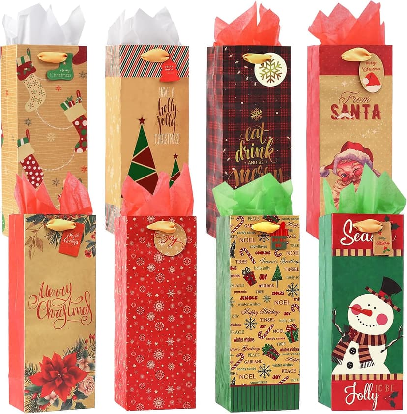 Nihuecne 16 Pack Christmas Wine Bags with Tags & Tissue Paper for Xmas Holiday Gift Wrap,8 Designs (5 x 13 x 4 In)