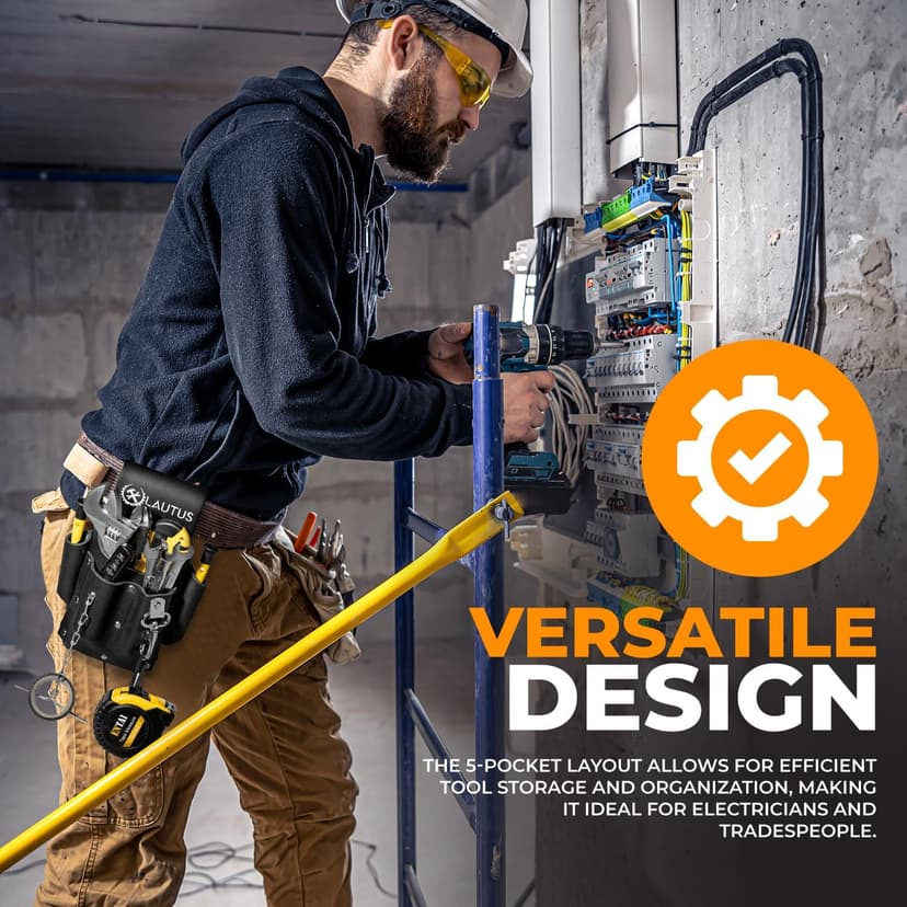 LAUTUS Electrician Full Top Grain Leather Tool Pouch; 5 Pocket Pouch with Electrical Tape Chain; Durable Compartments; Washer Rivets; Includes Metal Tool Clip; Black