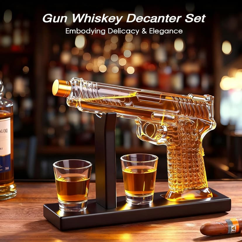 Whiskey Decanter Sets for Men, 10.5oz Handcrafted Gun Decanter Set with Shot Glass, Unique Christmas Gift Idea for Dad, Husband, Boyfriend, Brother, Gun Liquor Dispenser Fun Conversation Starter