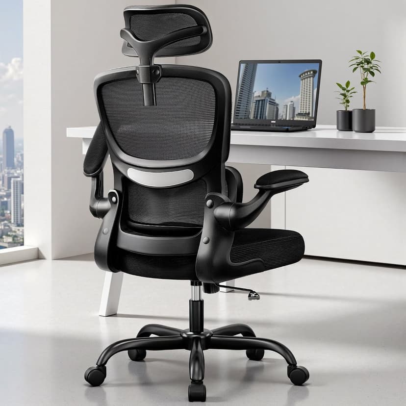 BESTFAIR High Back Ergonomic Office Chair, Breathable Mesh Desk Chair with Lumbar Support, Adjustable Headrest, Flip-up Armrests, Computer Gaming Chair, (Black)